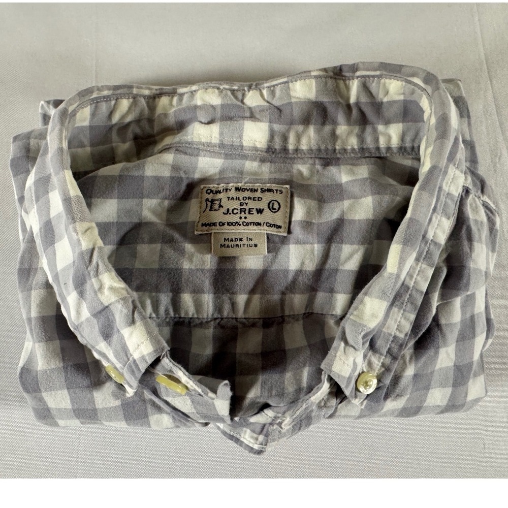 J.Crew Mens Gingham Button Down Shirt Grey White Cotton Long Sleeve Large